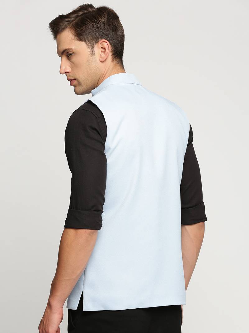 Men's Slim Fit Mandarin Collar Solid Turquoise Blue Nehru Jacket