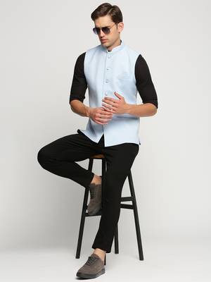 Men's Slim Fit Mandarin Collar Solid Turquoise Blue Nehru Jacket 5