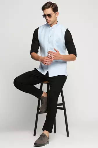 Men's Slim Fit Mandarin Collar Solid Turquoise Blue Nehru Jacket