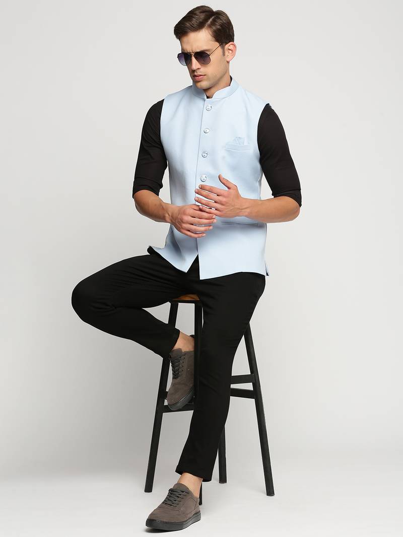 Men's Slim Fit Mandarin Collar Solid Turquoise Blue Nehru Jacket