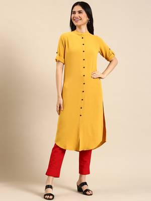 women's calf length mandarin collar yellow solid straight kurta 1
