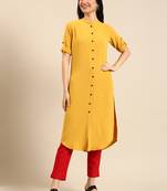 women's calf length mandarin collar yellow solid straight kurta