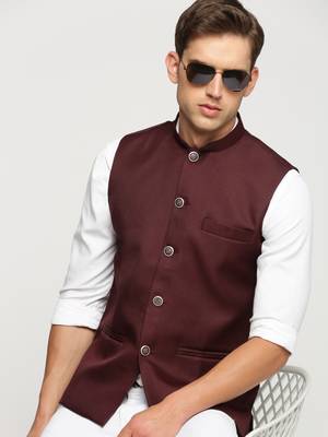 SHOWOFF Men's Slim Fit Mandarin Collar Solid Maroon Nehru Jacket 1