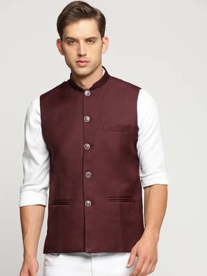 SHOWOFF Men's Slim Fit Mandarin Collar Solid Maroon Nehru Jacket 2