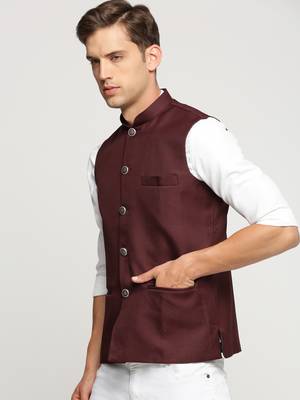 SHOWOFF Men's Slim Fit Mandarin Collar Solid Maroon Nehru Jacket 3