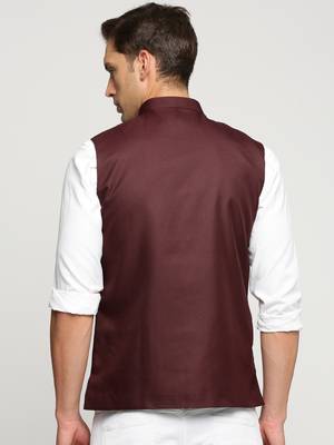 SHOWOFF Men's Slim Fit Mandarin Collar Solid Maroon Nehru Jacket 4