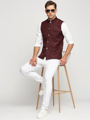SHOWOFF Men's Slim Fit Mandarin Collar Solid Maroon Nehru Jacket 5