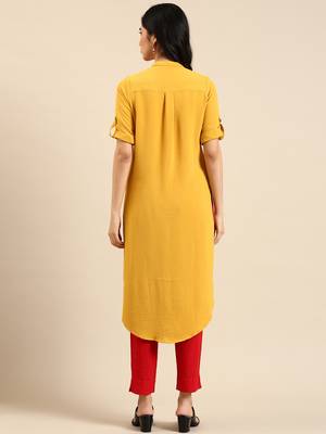 women's calf length mandarin collar yellow solid straight kurta 5