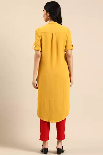 women's calf length mandarin collar yellow solid straight kurta
