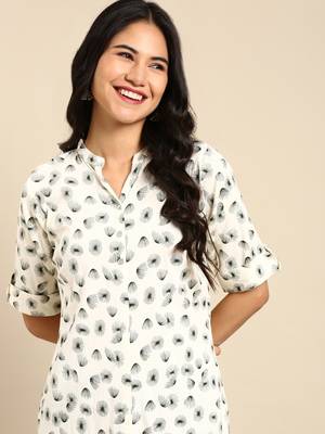women's calf length mandarin collar off white abstract straight kurta 2