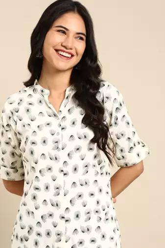 women's calf length mandarin collar off white abstract straight kurta