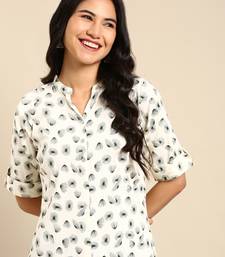 women's calf length mandarin collar off white abstract straight kurta