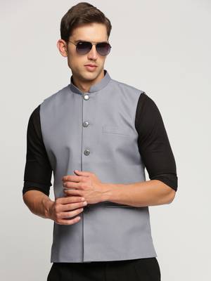 Men's Slim Fit Mandarin Collar Solid Grey Nehru Jacket 1