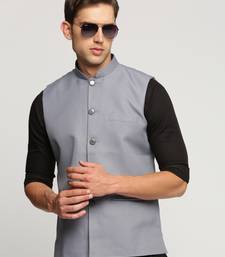 Men's Slim Fit Mandarin Collar Solid Grey Nehru Jacket