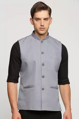 Men's Slim Fit Mandarin Collar Solid Grey Nehru Jacket