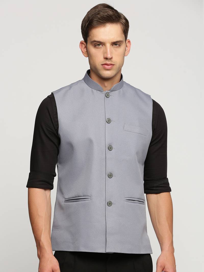 Men's Slim Fit Mandarin Collar Solid Grey Nehru Jacket