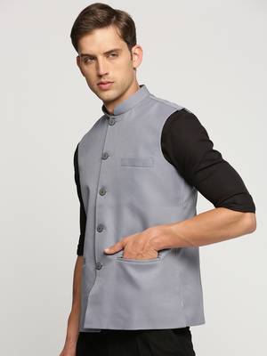 Men's Slim Fit Mandarin Collar Solid Grey Nehru Jacket 3
