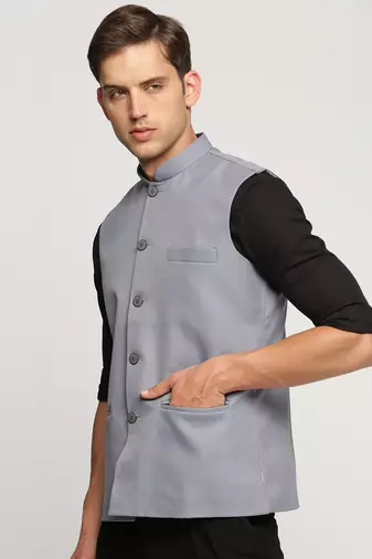 Men's Slim Fit Mandarin Collar Solid Grey Nehru Jacket