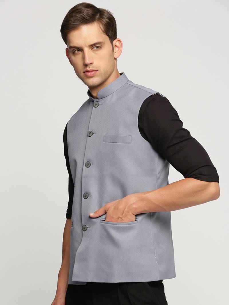 Men's Slim Fit Mandarin Collar Solid Grey Nehru Jacket