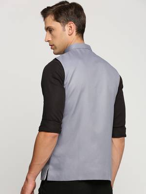 Men's Slim Fit Mandarin Collar Solid Grey Nehru Jacket 4