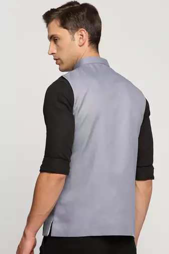 Men's Slim Fit Mandarin Collar Solid Grey Nehru Jacket