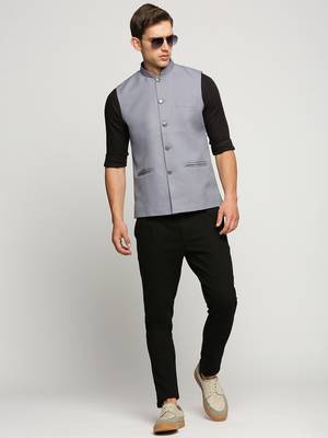 Men's Slim Fit Mandarin Collar Solid Grey Nehru Jacket 5