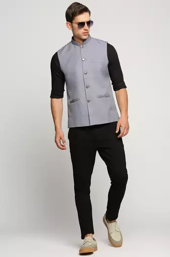 Men's Slim Fit Mandarin Collar Solid Grey Nehru Jacket