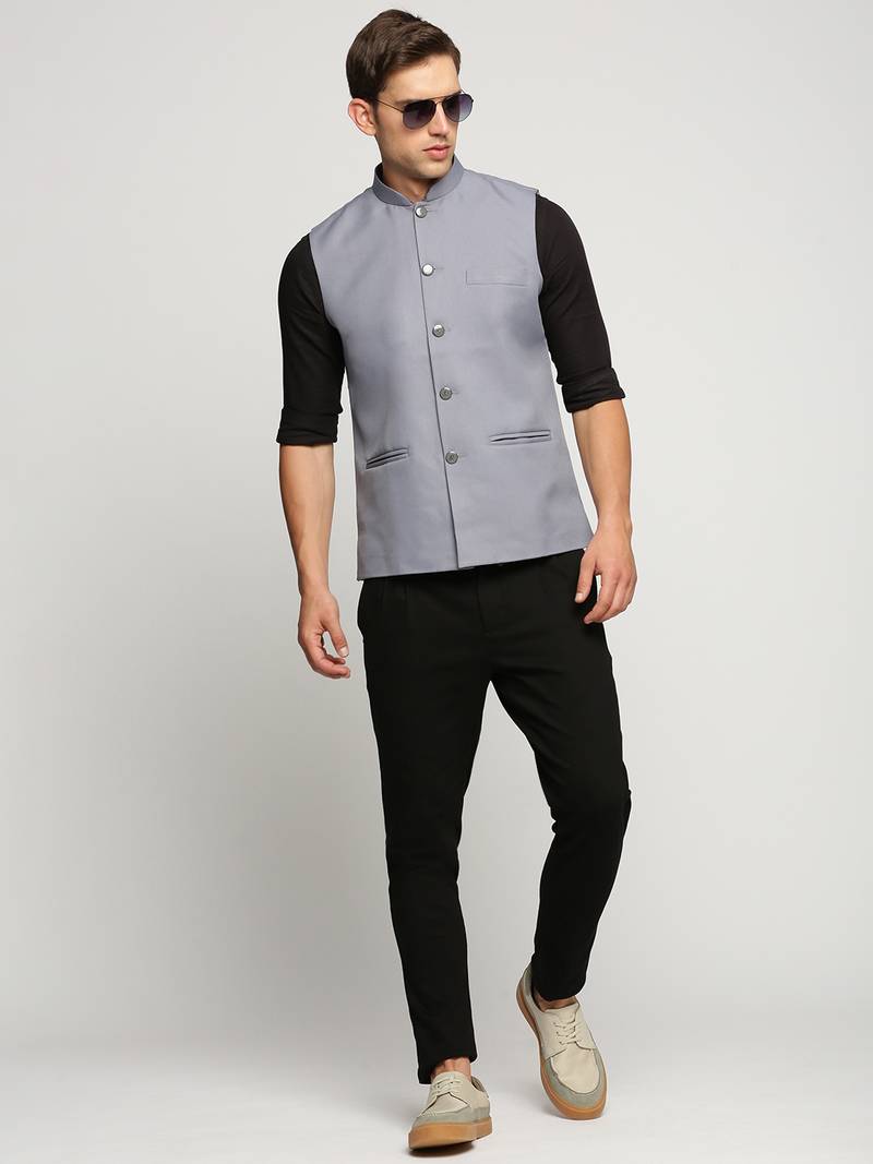 Men's Slim Fit Mandarin Collar Solid Grey Nehru Jacket