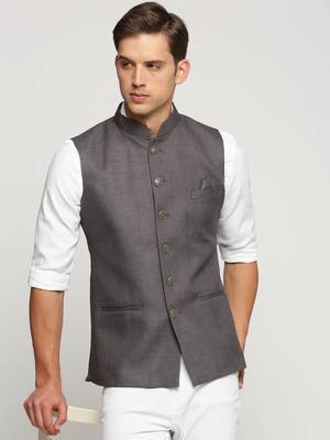 SHOWOFF Men's Slim Fit Mandarin Collar Solid Grey Nehru Jacket 1