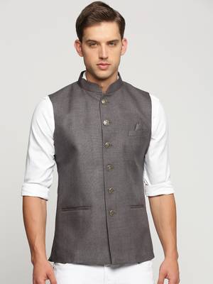 SHOWOFF Men's Slim Fit Mandarin Collar Solid Grey Nehru Jacket 2