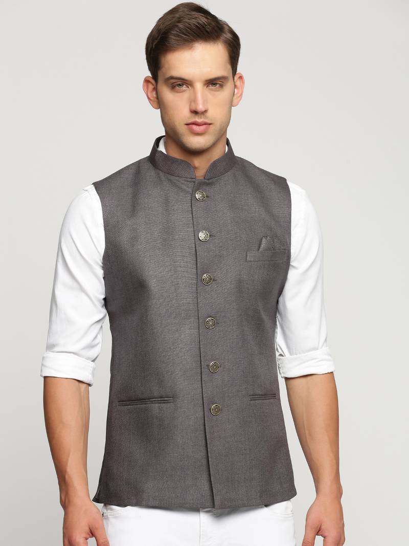 SHOWOFF Men's Slim Fit Mandarin Collar Solid Grey Nehru Jacket