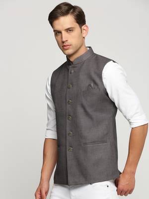 SHOWOFF Men's Slim Fit Mandarin Collar Solid Grey Nehru Jacket 3