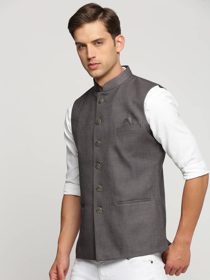 SHOWOFF Men's Slim Fit Mandarin Collar Solid Grey Nehru Jacket