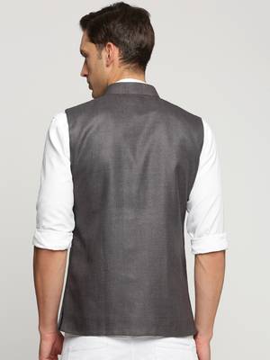 SHOWOFF Men's Slim Fit Mandarin Collar Solid Grey Nehru Jacket 4
