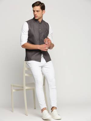 SHOWOFF Men's Slim Fit Mandarin Collar Solid Grey Nehru Jacket 5