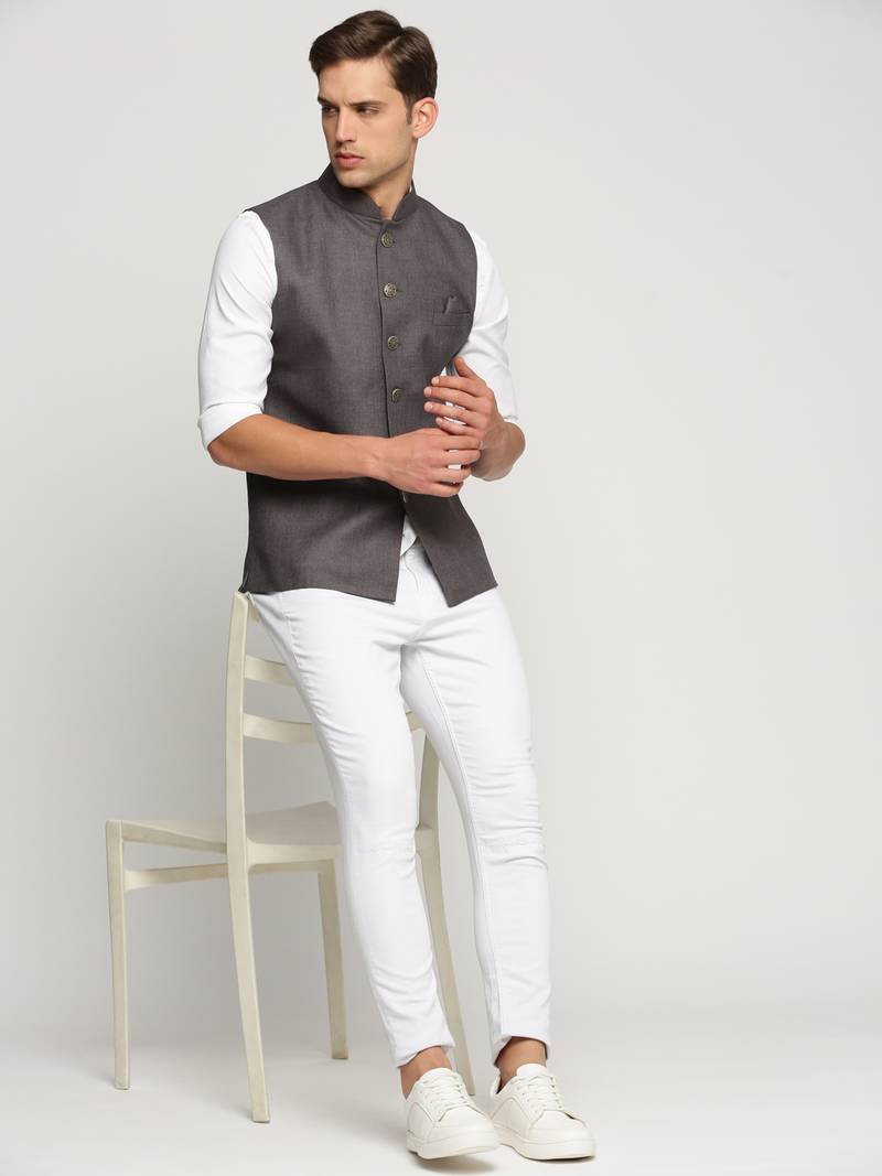 SHOWOFF Men's Slim Fit Mandarin Collar Solid Grey Nehru Jacket