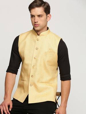 Men's Slim Fit Mandarin Collar Solid Yellow Nehru Jacket 1