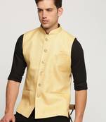 Men's Slim Fit Mandarin Collar Solid Yellow Nehru Jacket