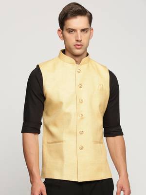 Men's Slim Fit Mandarin Collar Solid Yellow Nehru Jacket 2