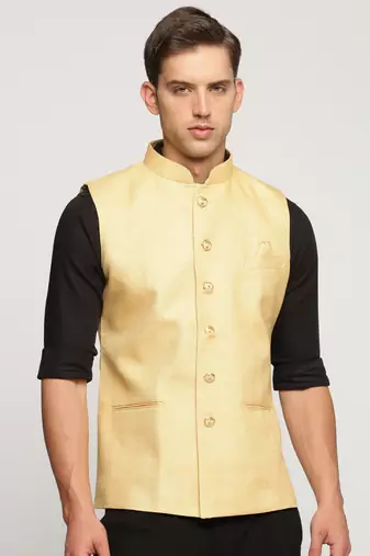 Men's Slim Fit Mandarin Collar Solid Yellow Nehru Jacket