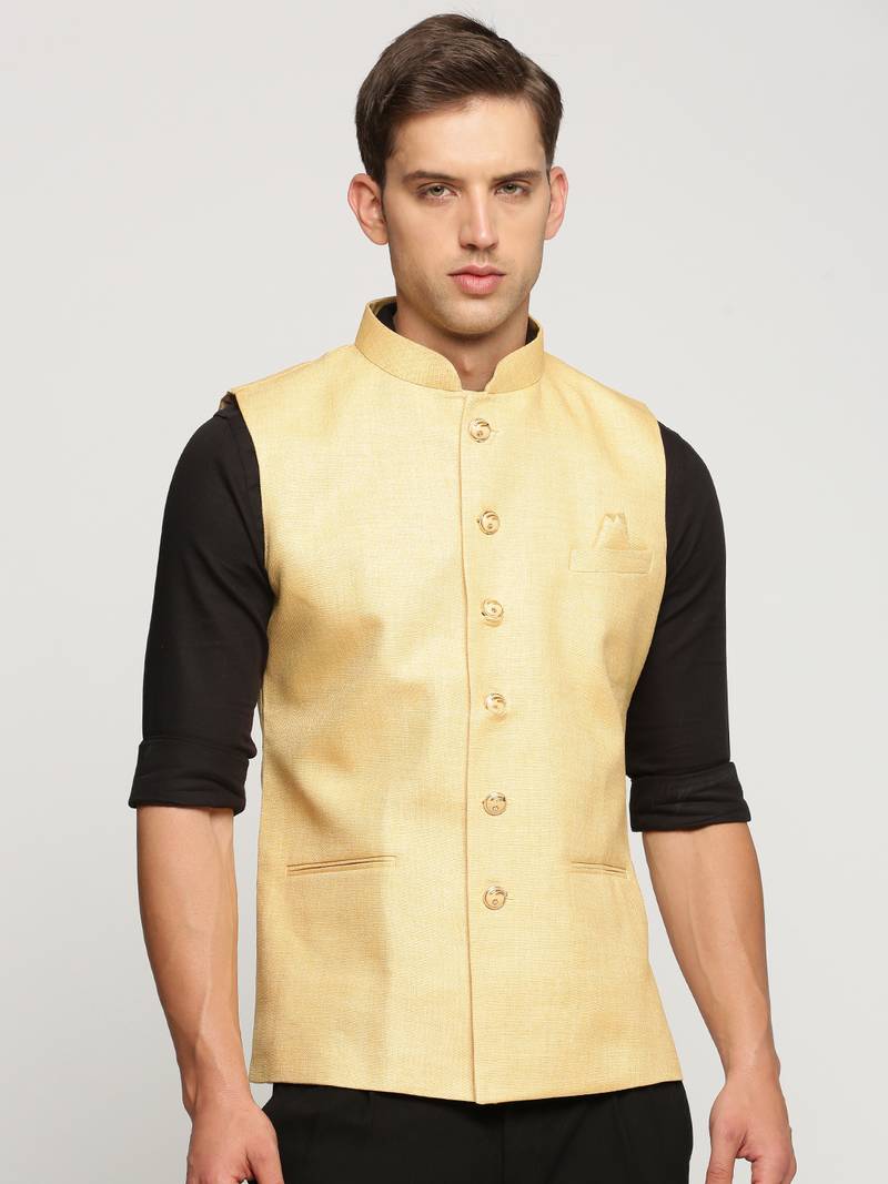Men's Slim Fit Mandarin Collar Solid Yellow Nehru Jacket