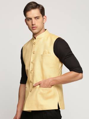 Men's Slim Fit Mandarin Collar Solid Yellow Nehru Jacket 3