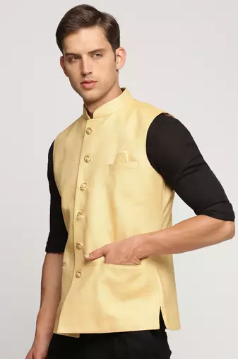 Men's Slim Fit Mandarin Collar Solid Yellow Nehru Jacket