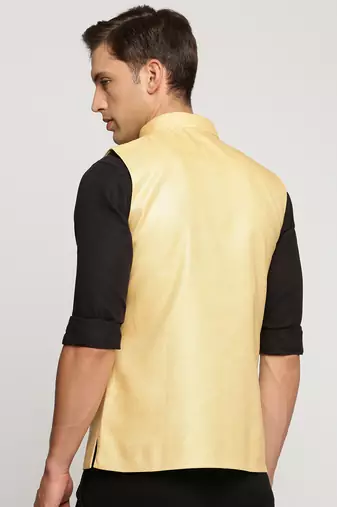 Men's Slim Fit Mandarin Collar Solid Yellow Nehru Jacket