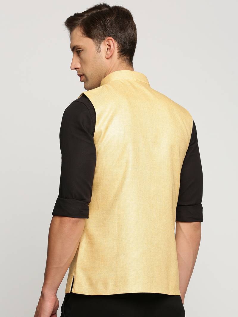 Men's Slim Fit Mandarin Collar Solid Yellow Nehru Jacket