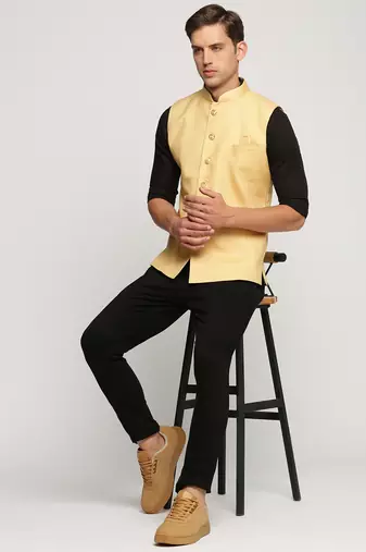 Men's Slim Fit Mandarin Collar Solid Yellow Nehru Jacket