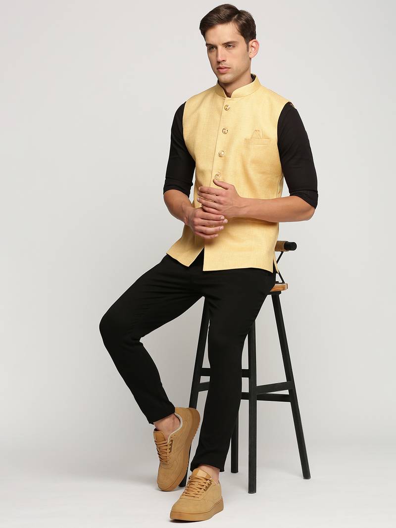Men's Slim Fit Mandarin Collar Solid Yellow Nehru Jacket