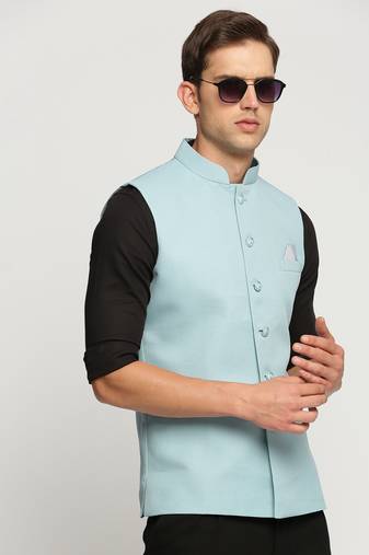 SHOWOFF Men's Slim Fit Mandarin Collar Solid Blue Nehru Jacket