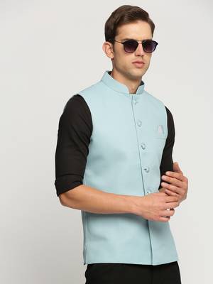 SHOWOFF Men's Slim Fit Mandarin Collar Solid Blue Nehru Jacket 1