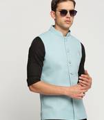 SHOWOFF Men's Slim Fit Mandarin Collar Solid Blue Nehru Jacket